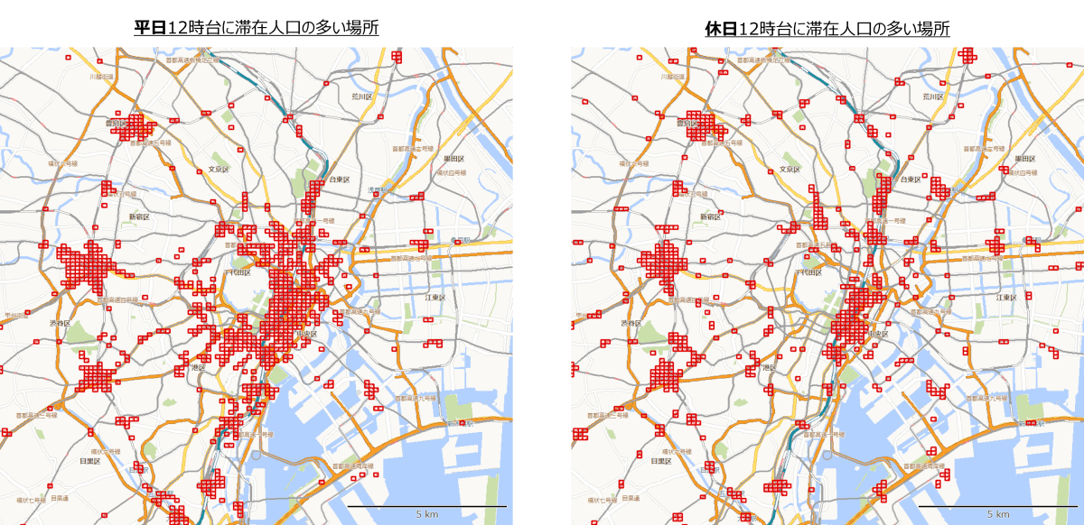 滞在人口の多い場所（東京23区内・上位1,000メッシュ）の探索例